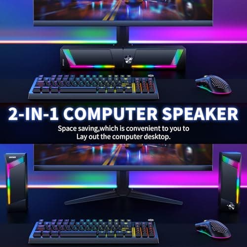 Computer Speakers, 2 in 1 PC Speaker , Gaming Speakers for PC Computer Laptop Desktop Monitor, RGB Speakers with Touch Sensitive Lighting, USB Powered 3.5mm Aux（Package Only Two Speaker, No Soundbar）