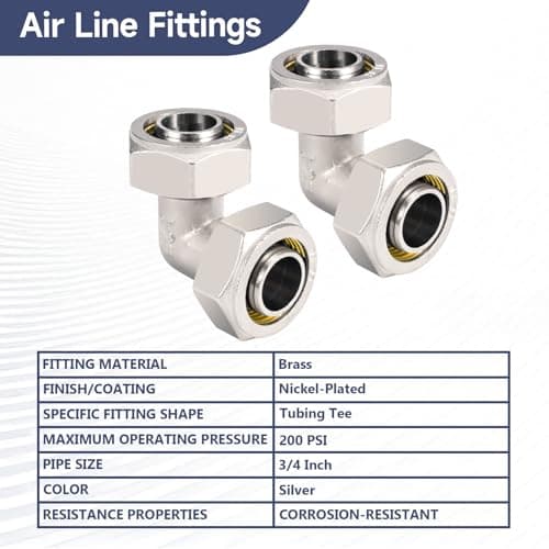 2PCS 3/4’’ Elbow Air Piping Fittings, Air Line Fittings For Shop Garage Compressed Air line System Kit Brass-Nickel Plated, 200PSI