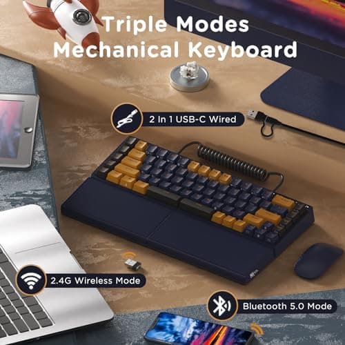 RK ROYAL KLUDGE RKS70 Ergonomic Split Keyboard, Wireless Gaming Keyboard with Bluetooth/2.4G/Wired, 75% RGB Hot Swappable Mechanical Keyboards Fixed Wrist Rest for Win/Mac, Black