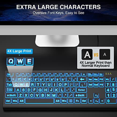 SABLUTE Large Print Backlit Keyboard, Wired USB Lighted Computer Keyboards with 7-Color & 4 Modes Backlit, Oversize Letters Keys Easy to See and Type, Quiet Keyboard Compatible for PC, Laptop
