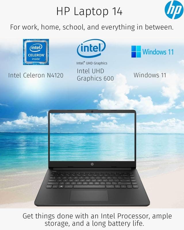 HP New 14" HD Ultral Light Thin Laptop, Quad-Core Intel Celeron Processor, 8GB RAM, 256GB (128GB eMMC+ 128GB Card), Wi-Fi, Upto 11 Hours, Windows 11 S + 1 Year Office 365+HubxcelAccessory, Black