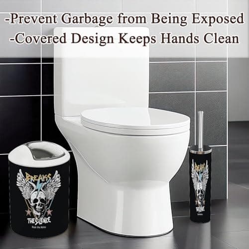 Bathroom Accessories Set 6 Pcs Break Silence Slogan Skull Wings Rock Style Toothbrush Holder Cup Soap Dispenser Soap Dish Toilet Brush Holder Trash Can for Countertop Decor