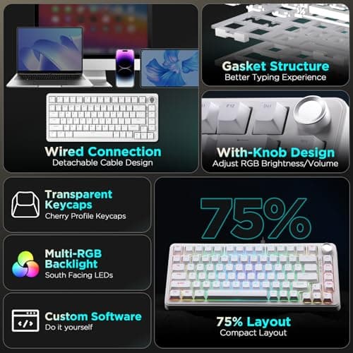 YUNZII B75 Mechanical Keyboard,75% Layout with Knob,Hot Swappable RGB Backlit Gasket Mounted, Creamy Typing, Double-Shot PBT Keycaps,Cherry Profile,for Win/Mac (White, Blue Grey Tactile Switch)