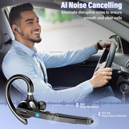 Bluetooth Headset, Wireless Bluetooth 5.3 Earpiece, 90Hrs Hands Free Headset with APTX HD Audio & Mute Button, Dual Noise Cancelling Mics, Single-Ear Headphone for Trucker/Business/Office/Gym