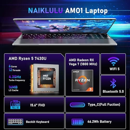 Gaming Laptop,15.6 Inch Laptop Computer,16GB RAM 1TB SSD,AMD Ryzen 5 7430U (up to 4.3Ghz,Beat 5700U),AMD Radeon Graphics,15.6”FHD 1920 * 1080 Display,WiFi 5,BT5.0,Backlit Keyboard