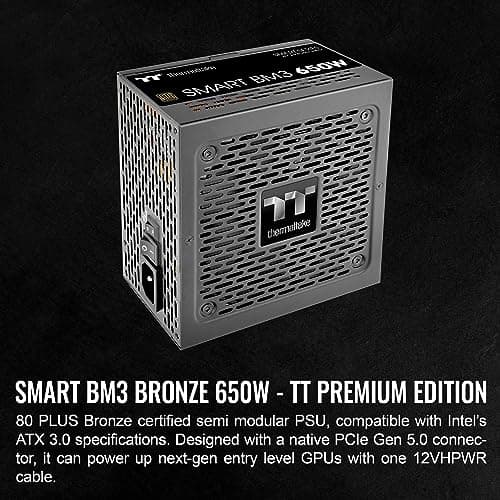 Thermaltake Smart BM3 650W 80Plus Bronze ATX 3.0 & PCIE 5.0 Ready Semi-Modular Power Supply; 105°C/221°F Japanese Capacitor; 5 Year Warranty; PS-SPD-0650MNFABU-3