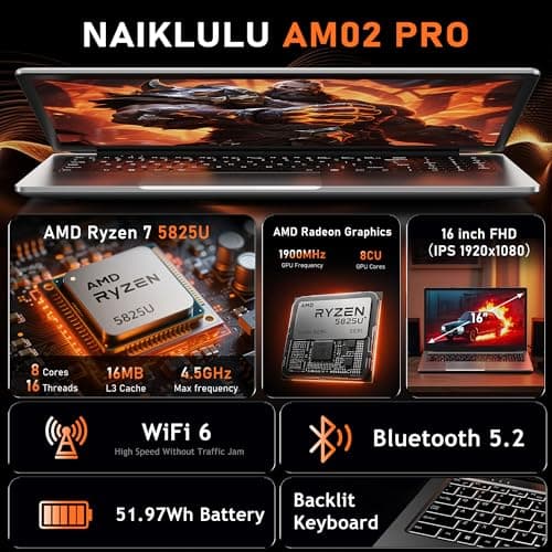 2025 Gaming Laptop 16 Inch Laptop Computer with AMD Ryzen 7 5825U Processor, 16GB DDR4, 1T SSD, FHD Display 1920*1080P, Windows 11 PRO, WiFi 6, Backlit Keyboard HDMI, for Student, Office, Business
