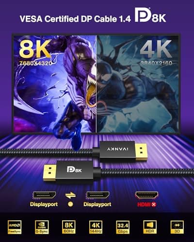 IVANKY 8K DisplayPort Cable 1.4, VESA Certified DP Cable 6.6ft (8K@60Hz, 4K@144Hz, 2K@240Hz)HBR3 Support 32.4Gbps, HDR, HDCP 2.2, FreeSync G-Sync, Braided Display Port for Gaming Monitor, Graphics, PC