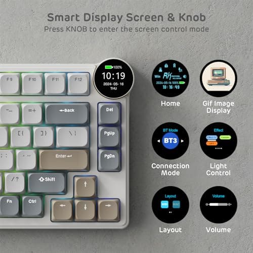 RK ROYAL KLUDGE N80 Low Profile Mechanical Keyboard w/Smart Display Screen & Knob, 75% Top Mount 3-Modes Wireless Mechanical Keyboard, Software Support, Massive Battery, 80 Keys, Tactile Brown Switch