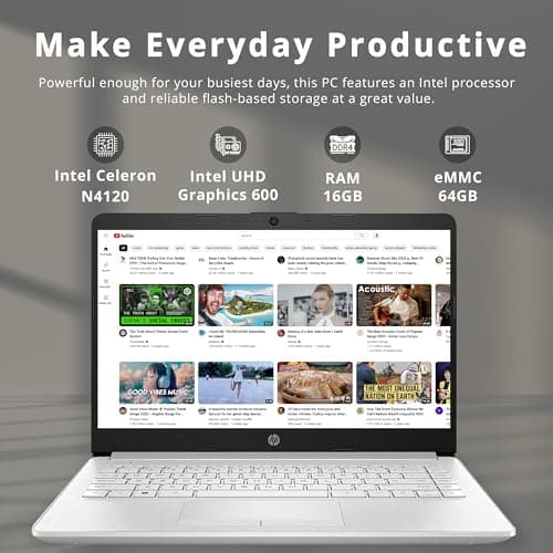 HP Stream 14" HD BrightView Laptop, Intel Celeron N4120 Processor, 16GB RAM, 64GB SSD, Intel UHD Graphics, 720p Webcam, WiFi, HDMI, Win 11 S, Silver (Renewed)