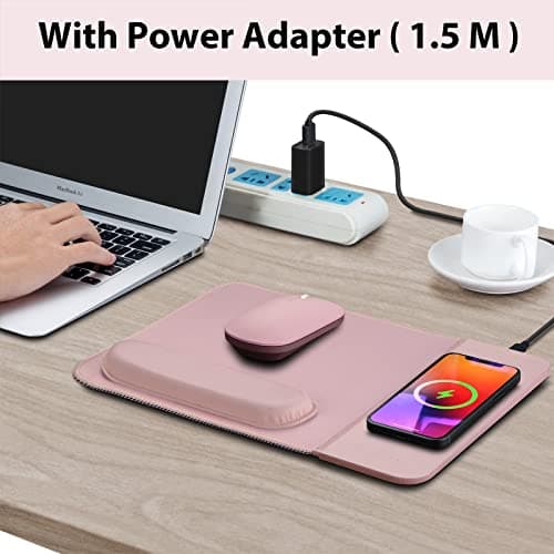 15W Wireless Charging Mouse Pad with Detachable Wrist Support and 20W Power Adapter, Fast QI Wireless Phone Charger Mouse Mat for iPhone 16/15/14/13/12/11/X and Samsung Multiple Devices (Pink)