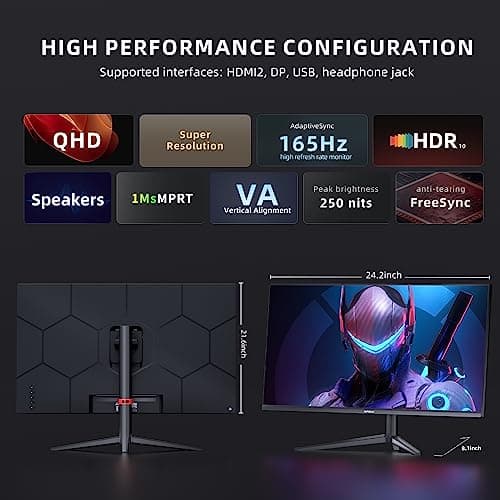 Gaming Monitor 27 Inch QHD 1440P Computer Monitor 165Hz VA 1ms Built-in Speakers, FreeSync, Ultra-Thin PC Monitor, VESA Compatible, Tilt Adjustable, Liftable Stand, Eye Care, HDMI X2 /DP