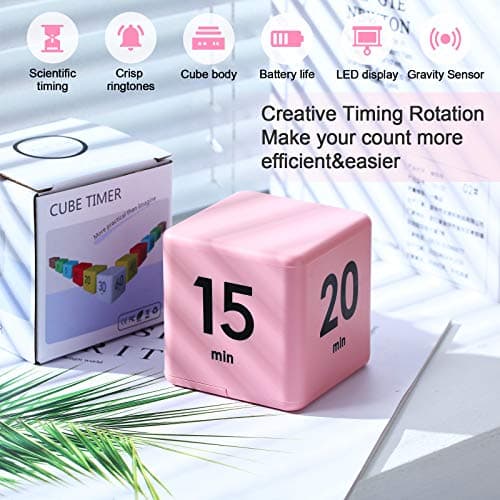 Weewooday Cube Timer Productivity Flip Timer for ADHD Block Gravity Sensor Kitchen Desk Study Time Countdown Learning Management Workout Classroom Gift 15 20 30 60 Minutes 2.6 Inch(Pink)