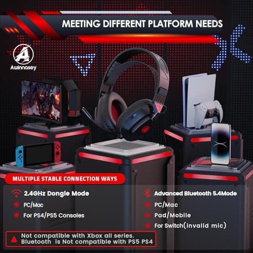 PH3 Wireless Gaming Headset for PS5, PS4, Switch, PC, Mac, Wireless Gaming Headphones with Microphone, Low Latency 2.4GHz Bluetooth Over Ear Headphones with Lossless Audio, 50Hrs Battery, Black