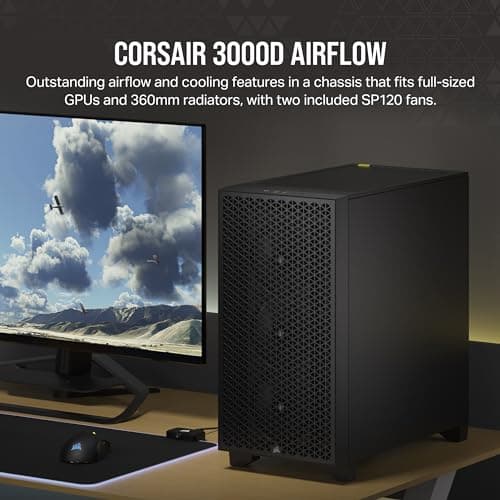 Corsair 3000D AIRFLOW Mid-Tower PC Case – 3-Pin Fans – Four-Slot GPU Support – Fits up to 8x 120mm Fans – High-Airflow Design – Black
