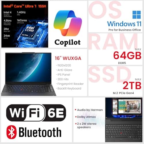Lenovo ThinkPad E16 G2 Business Laptop Computer, Intel 16-Core Ultra 7 155H (Beat i7-13705H), 64GB DDR5 RAM, 2TB PCIe SSD, 16" FHD+, WiFi 6E, Backlit Keyboard, Fingerprint Reader, W11 Pro, Vent-Hear