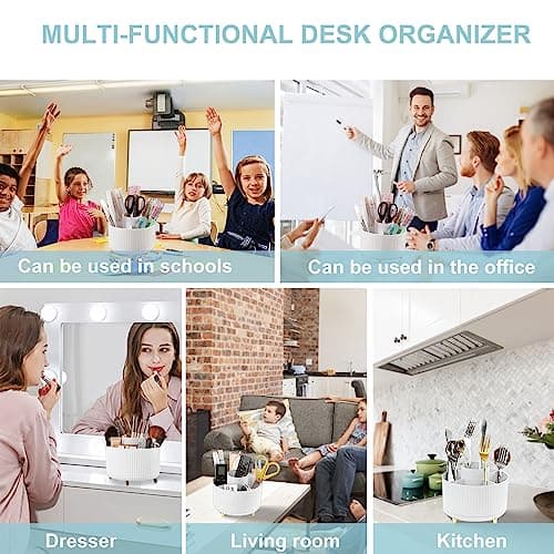 Pencil Holder For Desk,5 Slots 360°Degree Rotating Desk Organizers And Accessories,Desktop Storage Stationery Supplies Organizer, Cute Pencil Cup Pot For Office, School, Home (B-White)