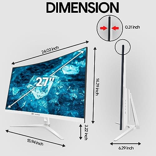 CRUA 27" Curved White Monitor, Full HD(1920x1080P) VA Panel 1800R 100HZ 120% sRGB Professional Computer Monitors, 3Sides Frameless, Flicker-Less,Blue Light Filter, for Office & Gaming.(VGA, HDMI)