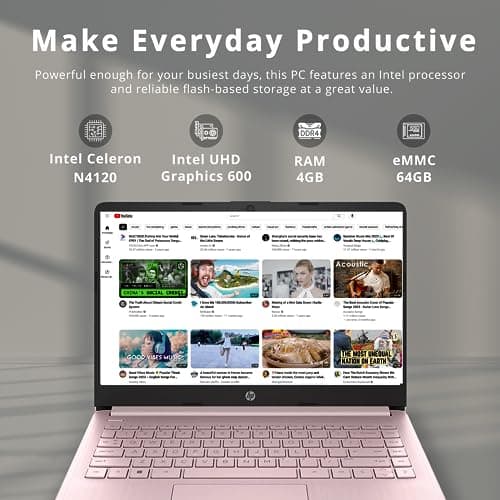HP Stream 14" HD BrightView Laptop, Intel Celeron N4120 Processor, 4GB RAM, 64GB Storage, Intel HD Graphics, 720p Webcam, 1 Year Office 365, Pink, Win 11 S, 32GB Hotface USB Card
