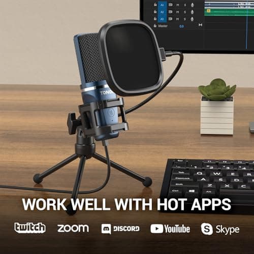 TONOR TC-777 Podcast Microphone, USB Computer Microphone, Cardioid Condenser PC Mic with Tripod Stand and Pop Filter for Podcasting, Streaming, Vocal Recording, Compatible with PC & Laptop, PS4/5