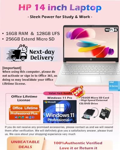 HP Business Student Laptop Computer - Windows 11 Pro & Microsoft Office Lifetime | 14 inch HD | AI-Powered, Long Batter Hr N-Serious Laptop| 16GB RAM, 128GB UFS, 256GB Extend Micro SD | Rose Gold