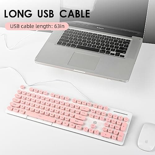 Wired Quiet Membrane Keyboard,Full Size 104-Keys Retro Punk Typewriter White LED Backlit ，USB Ultra Slim Gaming Keyboard with ABS Round keycaps for Windows/PC/Laptop (Pink)
