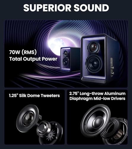 Edifier QR65 Desktop Active Monitor with 2.75" Long-Throw Aluminum Diaphragm mid-Low Drivers, Hi-Res Audio, Brilliant Light Effects, 70W Output Power Bluetooth Speakers with Stands - Black