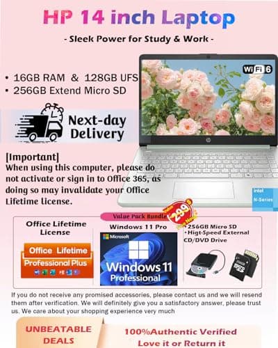 HP Business Student Laptop Computer - Windows 11 Pro & Microsoft Office Lifetime | 14 inch HD | AI-Powered, 12 Hr Batter N-Serious Laptop| 16GB RAM, 128GB UFS, 256GB Extend Micro SD | Green
