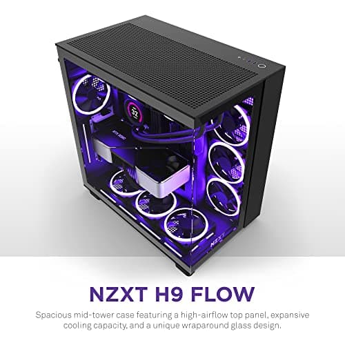 NZXT H9 Flow Dual-Chamber ATX Mid-Tower PC Gaming Case – High-Airflow Perforated Top Panel – Tempered Glass Front & Side Panels – 360mm Radiator Support – Cable Management – Black