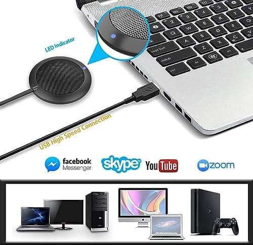 Conference USB Microphone, Computer Desktop Mic with LED Indicator, Plug & Play Omnidirectional Condenser PC Laptop Mics for Online Meeting, Class, Skype, Recording, Zoom, (No Speakers Included)