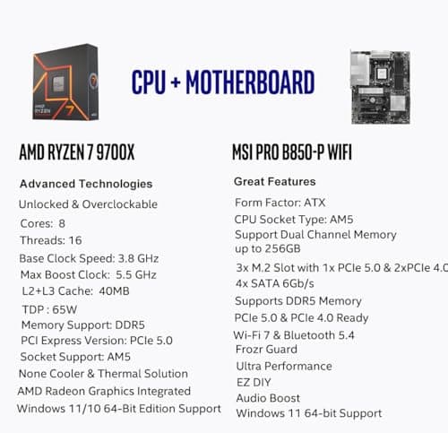 Micro Center AMD Ryzen 7 9700X CPU Processor with MSI PRO B850-P WiFi Motherboard (ATX, AM5, DDR5, PCIe 5.0, M.2 Gen5, Wi-Fi 7, 5G LAN)