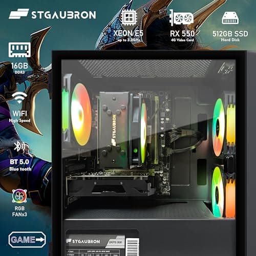 STGAubron Gaming PC Computer Desktop, RX 550 4GB, Intel i7 Xeon E5, 16GB DDR4, 512GB SSD, WiFi, BT 5.0, RGB Fan x3, Windows 10 Home, Gaming Computer Tower for Gamer,Streaming