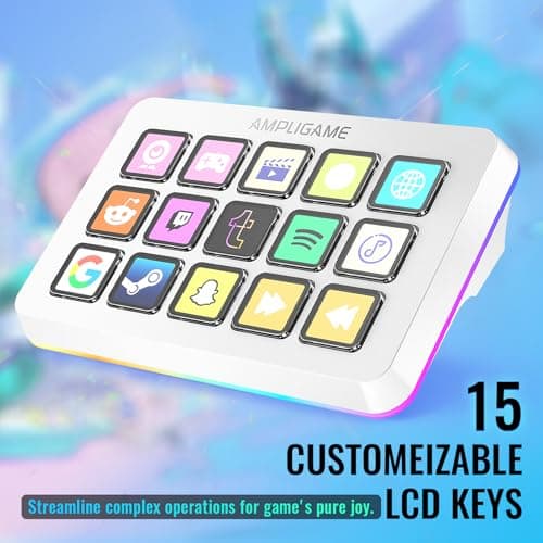 AmpliGame FIFINE Gaming Controller with 15 Shortcuts for OBS Streaming Studio with Macro Keys, Trigger Actions, PC Media RGB Controller for Content Creation/Office Work-D6 White