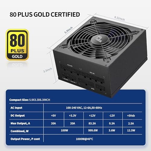 1000W Power Supply 80+ Gold Full Modular PSU, ATX 3.0 & PCIE 5.0, ES1000