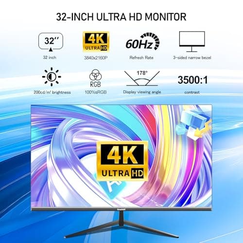 32 Inch 4K UHD Computer Monitor, Ultra-Clear (3840×2160p) Screen, 100% sRGB,178° Viewing Angle, HDMI、Display Port, Compatible with Wall mounting 100 * 100MM - Black