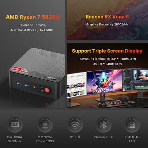 P4 Light Gaming Mini PC, Ryzen 7 5825U, 32GB RAM 1TB SSD, 11 Pro Triple 4K 60HZ Displays Desktop Computers, Support PS3 Emulator Micro PC, HDMI+DP+Type-C, WiFi 6E, BT5.2, Dual 2.5GbE LAN