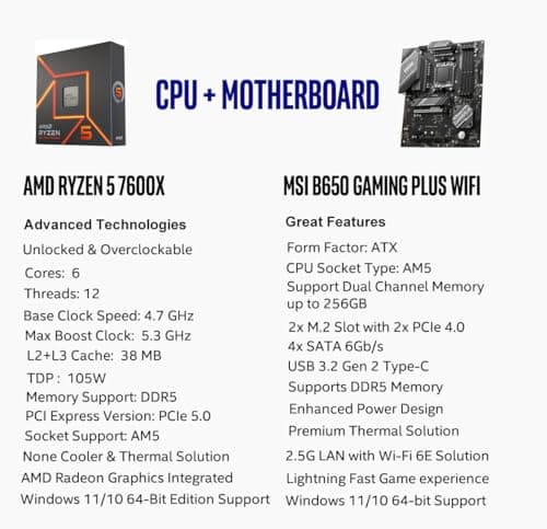 INLAND AMD Ryzen 5 7600X CPU Processor with MSI B650 Gaming Plus WiFi Gaming Motherboard(AM5, ATX, DDR5, PCIe 4.0, Wi-Fi 6E), Soly by Micro Center