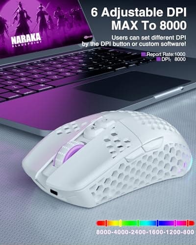 SM600 White Wireless Gaming Mouse,8000 DPI Tri-Modes BT5.1/Type-C Wired/2.4G Wireless Mouse with 2 Side Buttons, Programmable Macro Gamer Mouse with RGB Light for Laptop/PC/Mac