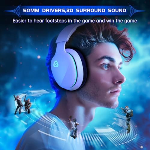 Gaming Headset Wireless 2.4GHz for PS5, PS4 Fortnite/Call of Duty/FPS Gamers, PC, Switch, Bluetooth 5.3 Gaming Headphones with ENC Microphone, Surround Sound, 40+H Battery (White)