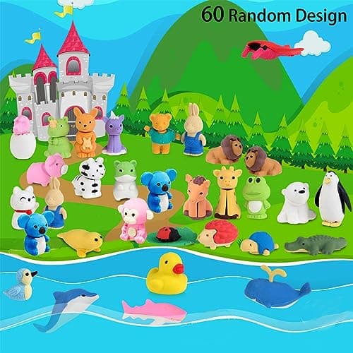 60Pcs Animal Erasers Desk Pets for Kids Animal Pencil Erasers Bulk Puzzle Eraser Toys Gifts for Classroom Prizes,Game Reward,Treasure Box,Easter Egg Fillers,Goodie Bag Stuffers,Party Favors