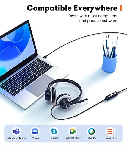 USB Headset with Microphone, 3.5mm Wired Computer Headsets with Noise Cancelling Microphone, Stereo Headphones with MIC for PC, in Line Controls, Work Headset for Skype Zoom Tablet Laptop