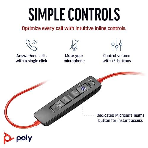 Poly Blackwire 3320 Wired Headset (Plantronics)– Flexible Microphone Boom – Hi-fi Stereo - Connect to PC/Mac via USB-C or USB-A - Certified for Microsoft Teams - Amazon Exclusive
