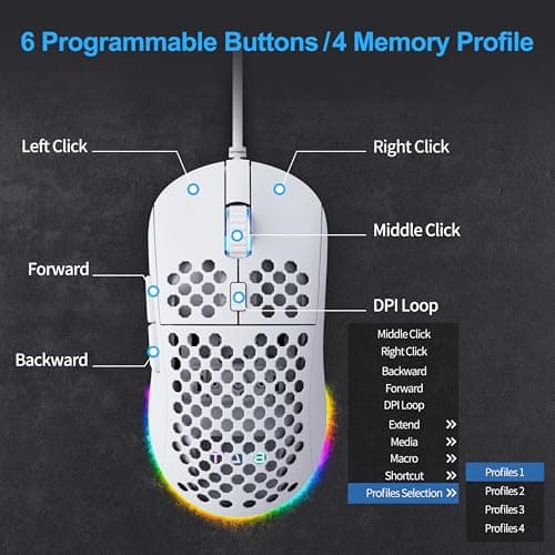 TMKB Falcon M1SE Ultralight Honeycomb Gaming Mouse, High-Precision 12800DPI Optical Sensor, 6 Programmable Buttons, Customizable RGB, Drag-Free Paracord, Ergonomic, Wired - Matte White