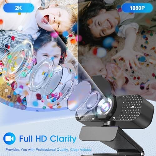 2K HD Webcam with Auto Light Correction, Noise-Canceling Mic, Privacy Cover and Wide Angle Lens, Plug & Play USB Camera for Laptop/PC/Mac, Compatible with Zoom, Skype, Teams & Streaming Black