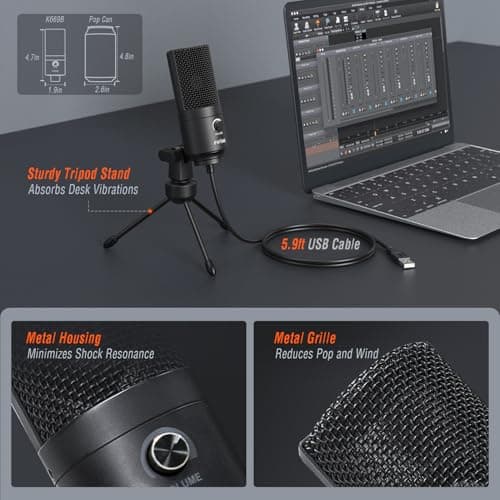 FIFINE USB Microphone, Metal Condenser Recording Microphone for MAC OS, Windows, Cardioid Laptop Mic for Recording Vocals, Voice Overs, Streaming, Meeting and YouTube Videos-K669B