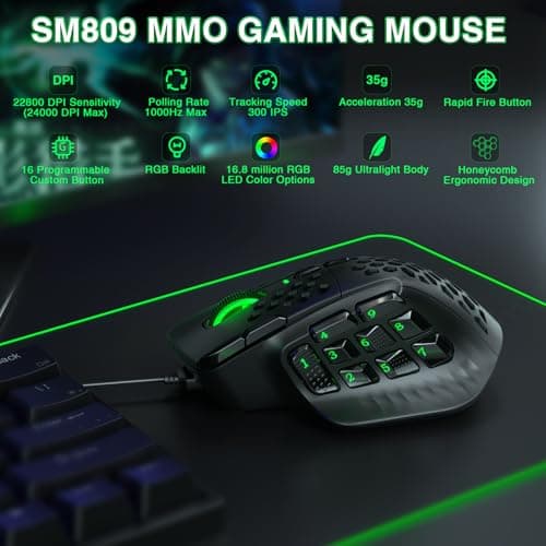 SOLAKAKA SM809 Wired MMO Gaming Mouse, with 9 Side Buttons RGB Mouse, 24000 DPI High-Precision Optical Sensor, Ergonomic Mice, 16 Programmable Macro Shortcuts/Remapping PC Gaming Mouse for FPS Games