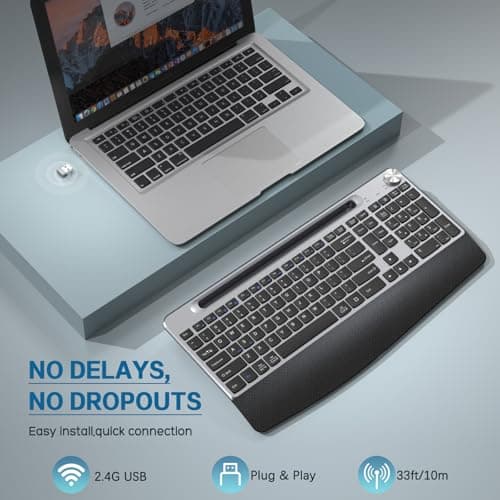 Ergonomic Wireless Keyboard with Wrist Rest-Low-Profile,Phone/Tablet Holder,Quiet Design，Windows & Mac OS，Full Size Cordless USB Computer Keyboard for Desktop,Laptop, PC, Mac, Windows-Grey