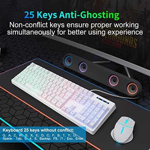 HUO JI White Gaming Keyboard USB Wired with Rainbow LED Backlit, Floating Keys, Mechanical Feeling, Spill Resistant, Ergonomic for Xbox, PS Series, Desktop, Computer, PC