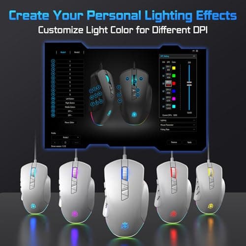 Wired Gaming Mouse with Side Plates, MMO Mouse with 14 Programmable Buttons, Ergonomic Gaming Mouse with 2 Grip Plates, Computer Mouse with Max 12,400 DPI, RGB Lighting, White