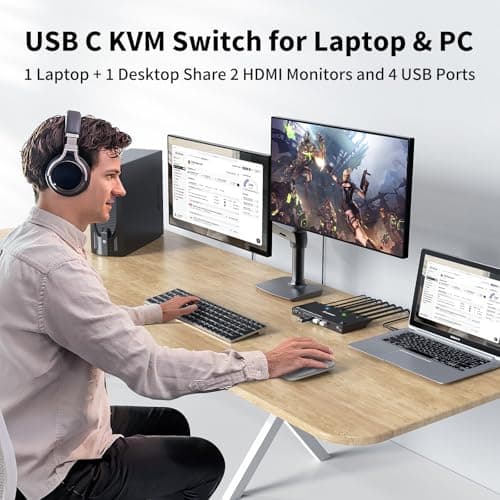 KVM Switch 2 Monitors 2 Computers USB C HDMI DP, KVM Switch Dual Monitor for Laptop & Desktop, USB 3.0 MST Dual HDMI 4K@60Hz, PD 60W for Laptop, with Wired Remote